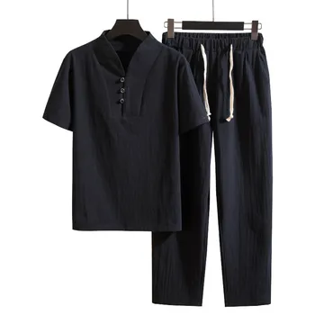 Wholesale Cotton Linen Suit Combination Shirt + Trousers Men's Shirts ...