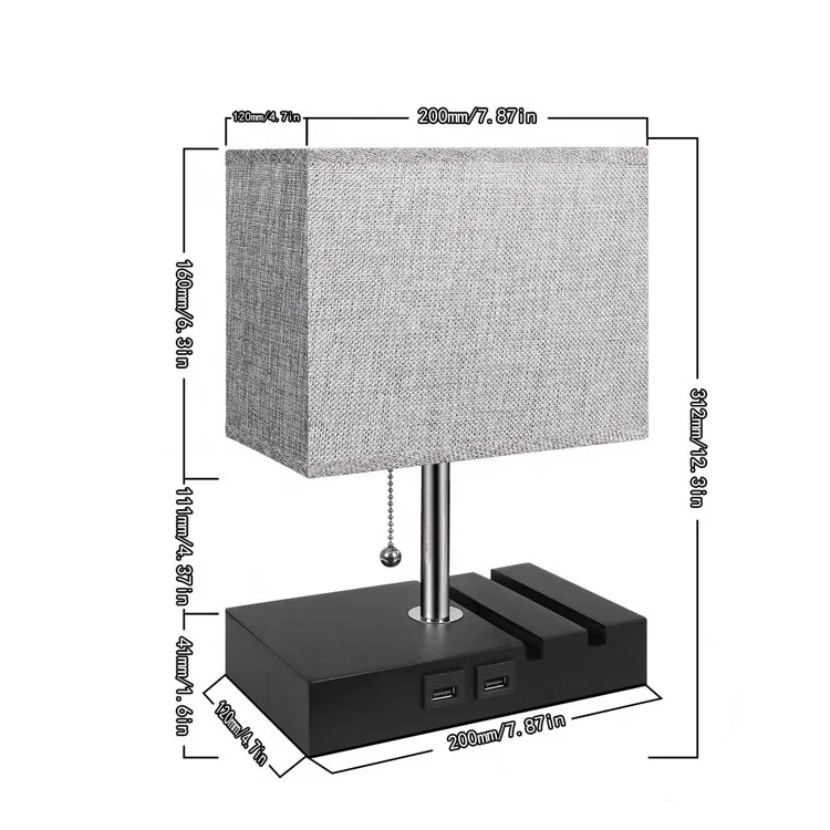 2020 Amazon hot 2 Port Usb Bedside Table Lamp with linen Grey fabric shade