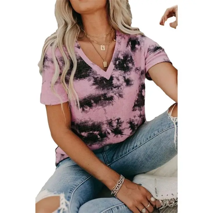

Wholesale Clothing Tie-Dye Print Blouse Women V-Neck Blouse Short Sleeves T Shirts Women Ladies' Blouses Women Top