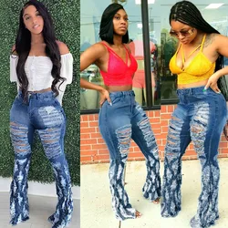 Hot selling solid Color ripped stitching women jeans pants casual Bell Bottom Denim Pants Women Jeans