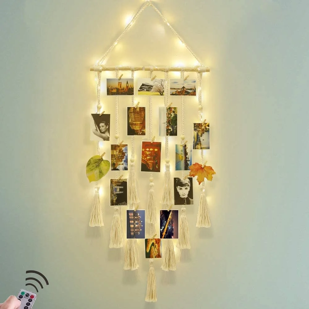 Macrame Wall Decor Hanging Remote Fairy Light Boho Home Decor with 30 Wood Clips for Photo Collage Frame (Ivory)