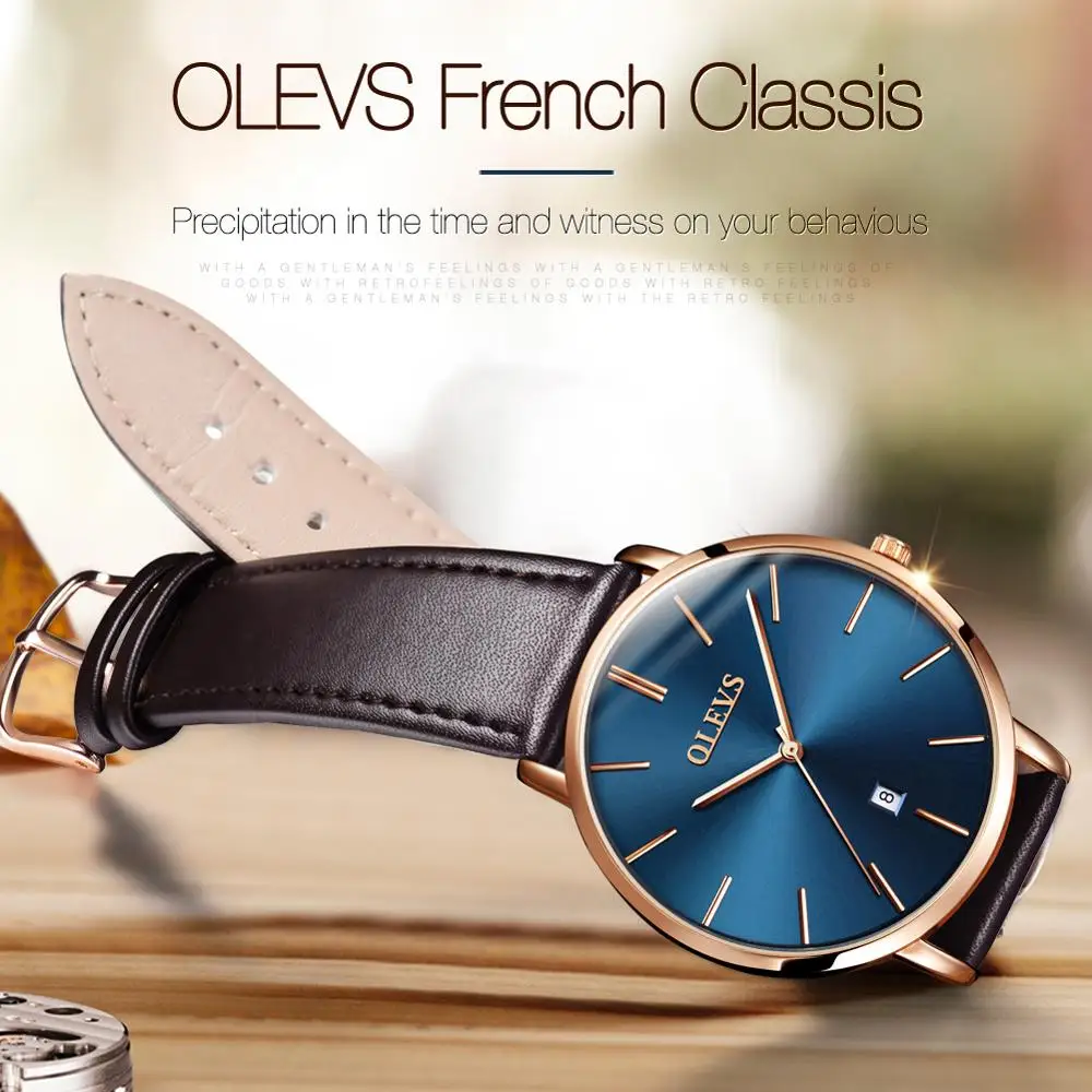 OLEVS Brand College style Wristwatch Fashion Boy's Ultra-thin Waterproof Leather Watch For Men's Also Support Customization