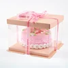 Custom logo printing transparent PET clear cardboard paper bottom birthday cake box packaging with ribbon handle