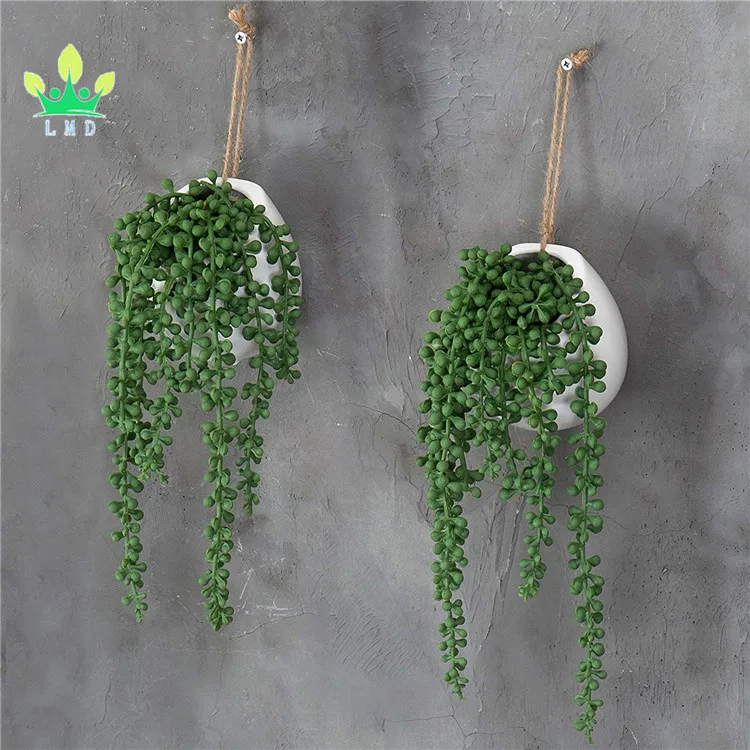 Set of 2 Artificial String of Pearls Plants White Ceramic Wall-Hanging Planters