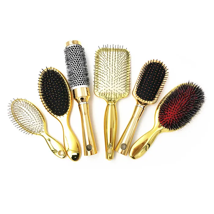 High Quality Shiny Electroplating Finish Gold Paddle Hair Brushes For