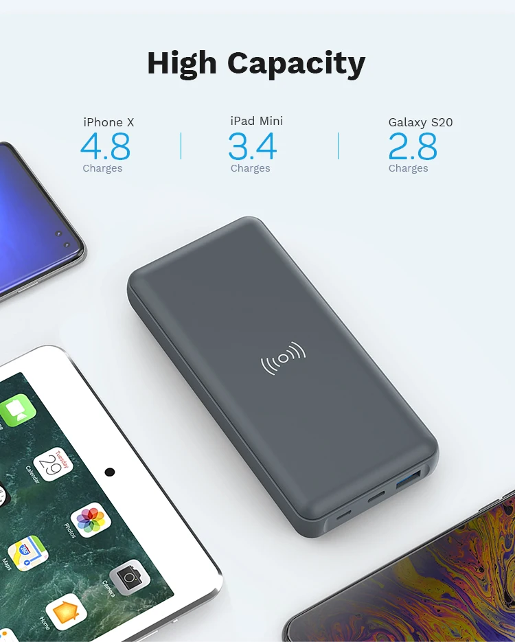 Power Delivery 20W Quick Charge 3.0 15W qi Wireless Charger Portable USB C PD Power Bank 20000mAh for iPhone 12 iPad and More High Capacity Portable Wireless Charger PD 3.0 18W and QC 3.0 18W Fast Charging Wireless Power Bank 20000mAh