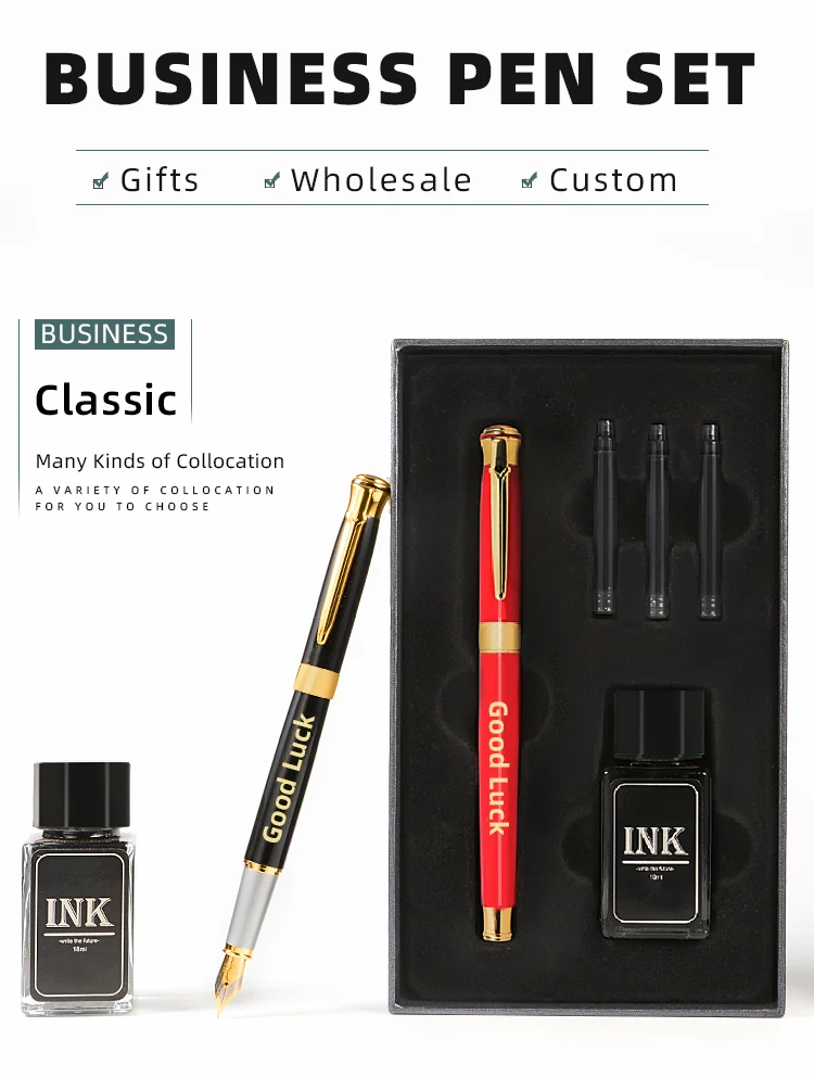 2022 Business Promotional Gift Pen With Box Set Luxury Calligraphy Fountain Pen Ink Cartridge Gift Metal Pen Set