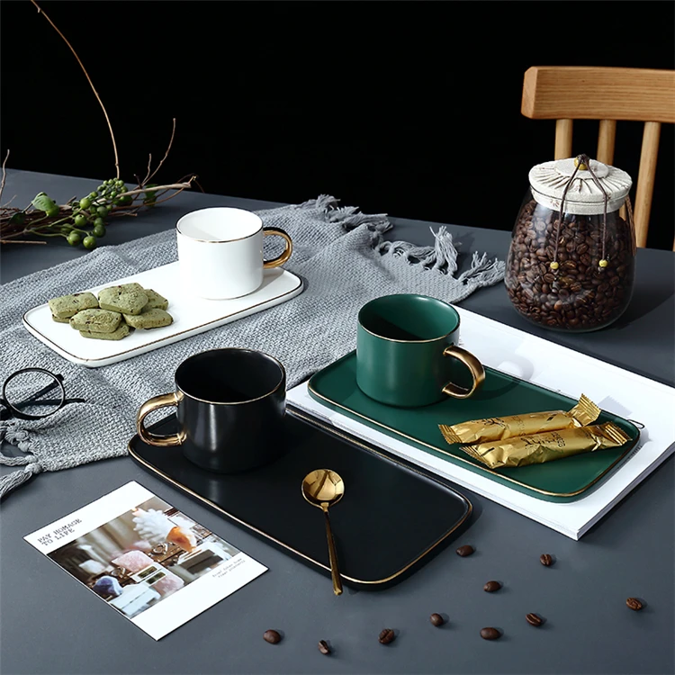 Wholesale modern design cafe solid color gold handle porcelain latte coffee tea cups with rectangle saucers