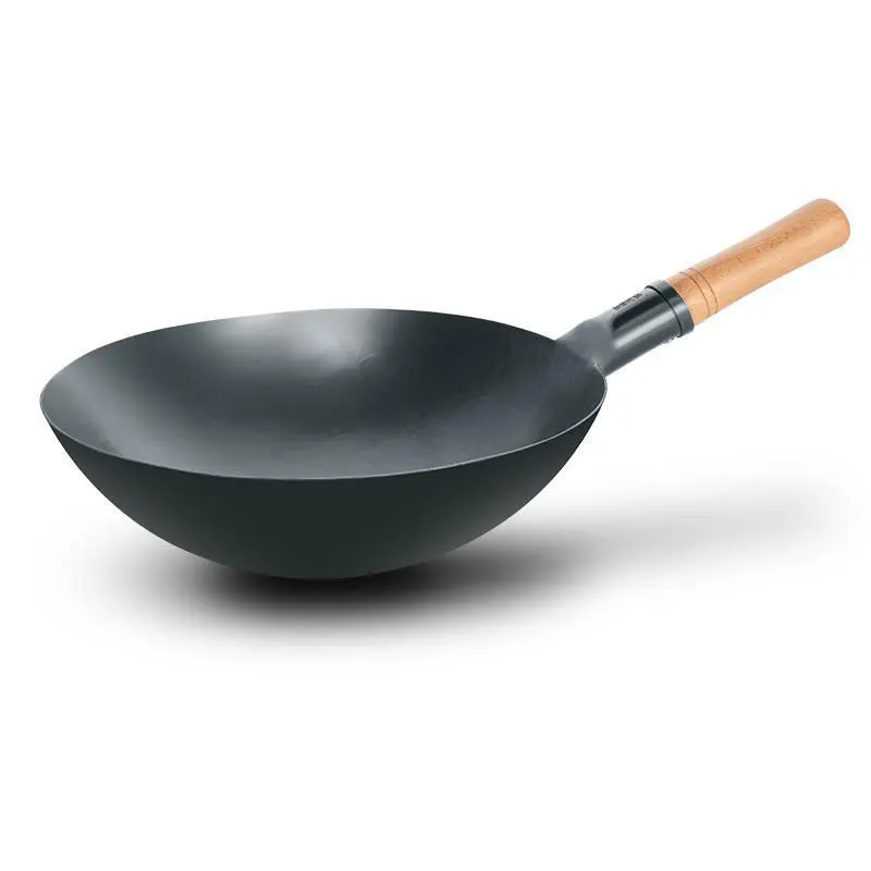 
Chinese Hand Hammered Wok Wooden Handle No Coating Round Bottom Wok Pan 