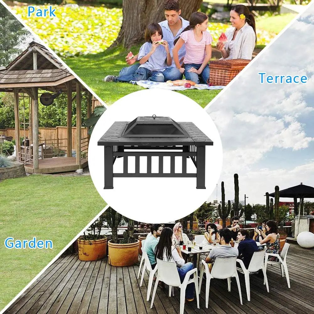 32 inch Portable Metal Fire Pit BBQ Square bbq Table Backyard Patio Garden Stove Wood Burning Fireplace