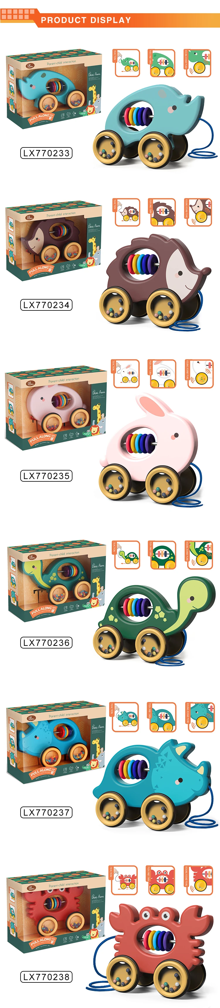 Amazon Funny Cartoon Baby Baby Guidance Intelligent Toys Animals Rolling Colorful Beads Pull LineToys