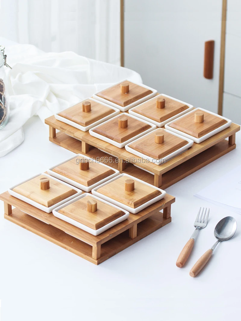 Bamboo Snack Dips Nibbles Bowls Tray Ceramic Appetizer Tapas Serving