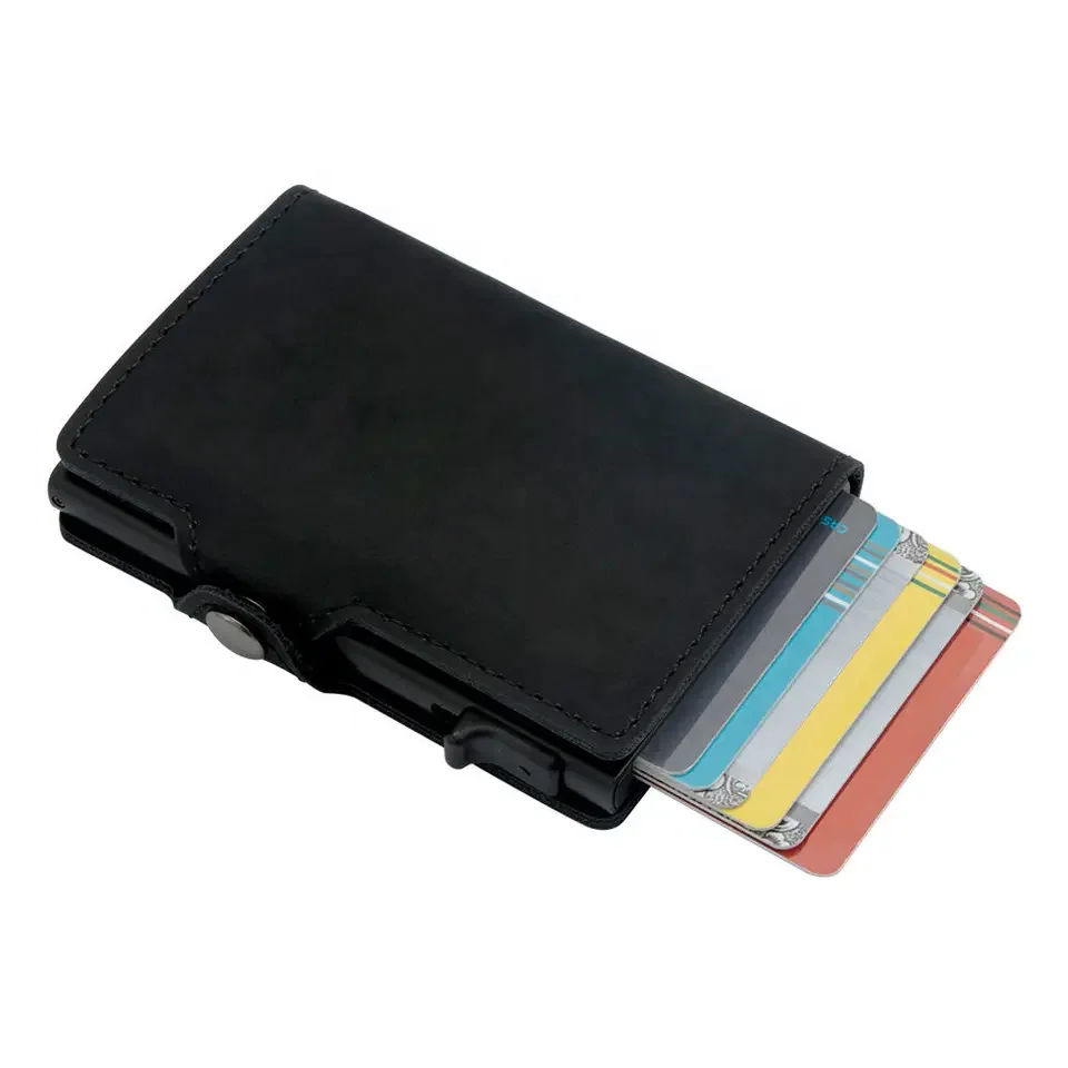 Side Push Button Mens Rfid Blocking Leather Wallet Credit Card Holder