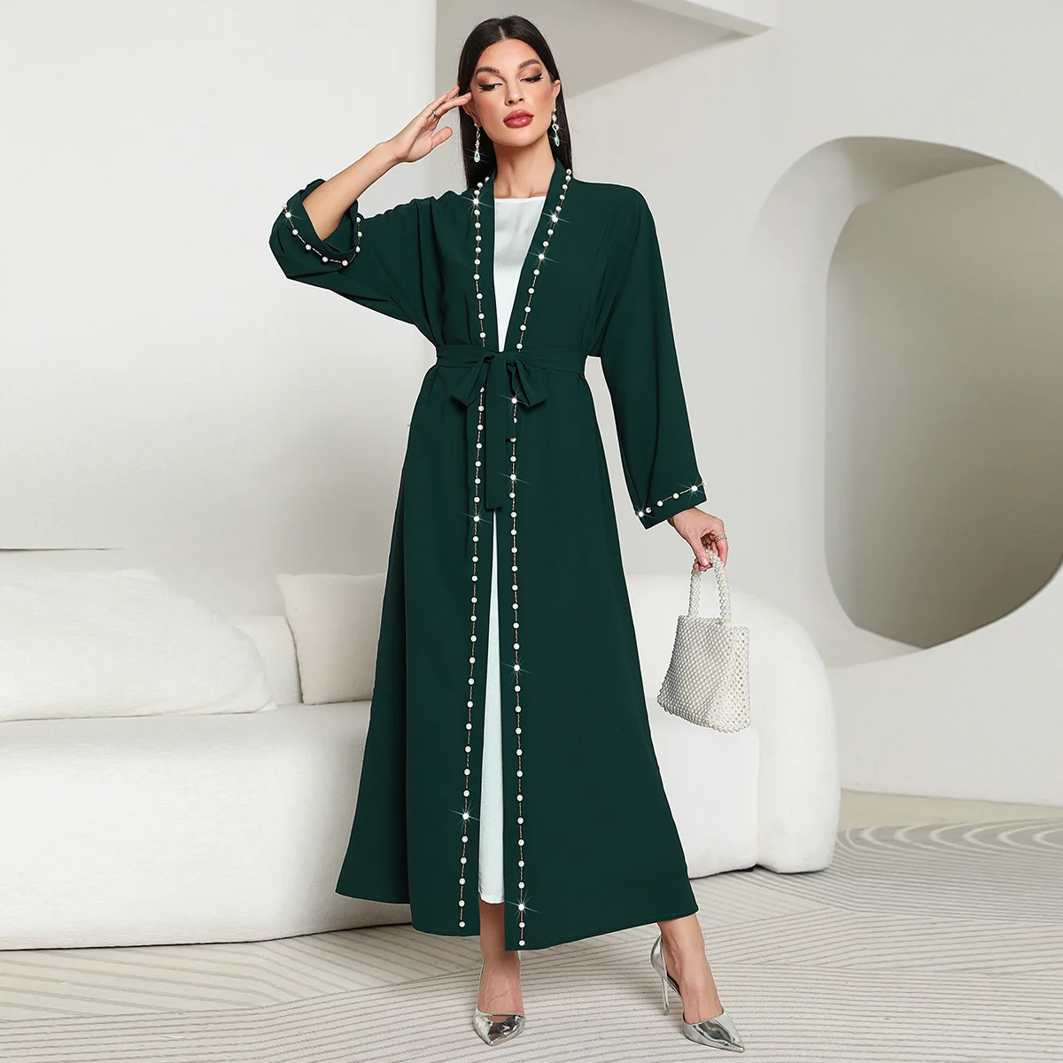 green arabic dress Luxury Arabic Sage Green Beaded A-Line Evening Dress with Cape LA72605A