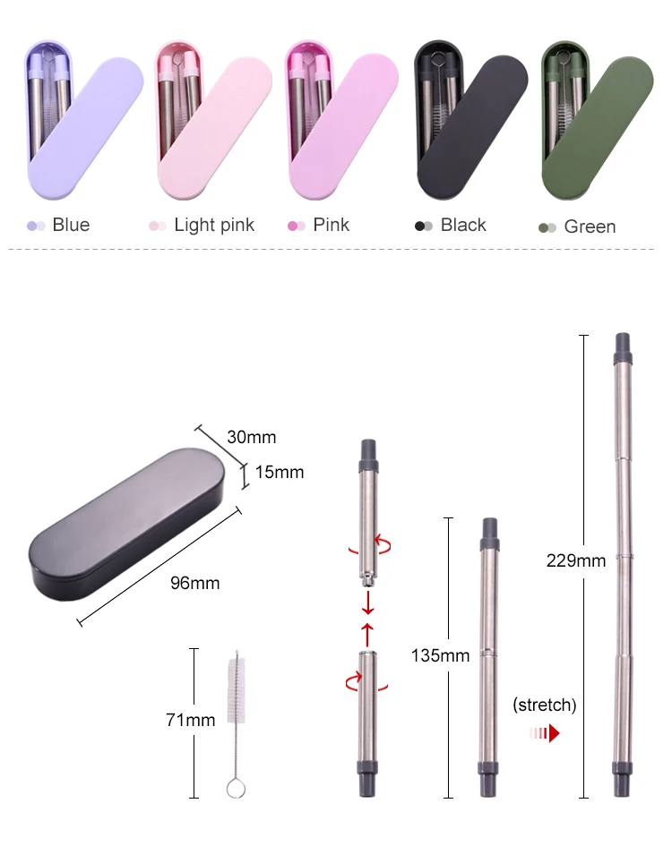 Reusable Collapsable Collapsible Drinking Stainless Steel Reuseable Foldable Metal Collapable Folding Straw With Brush