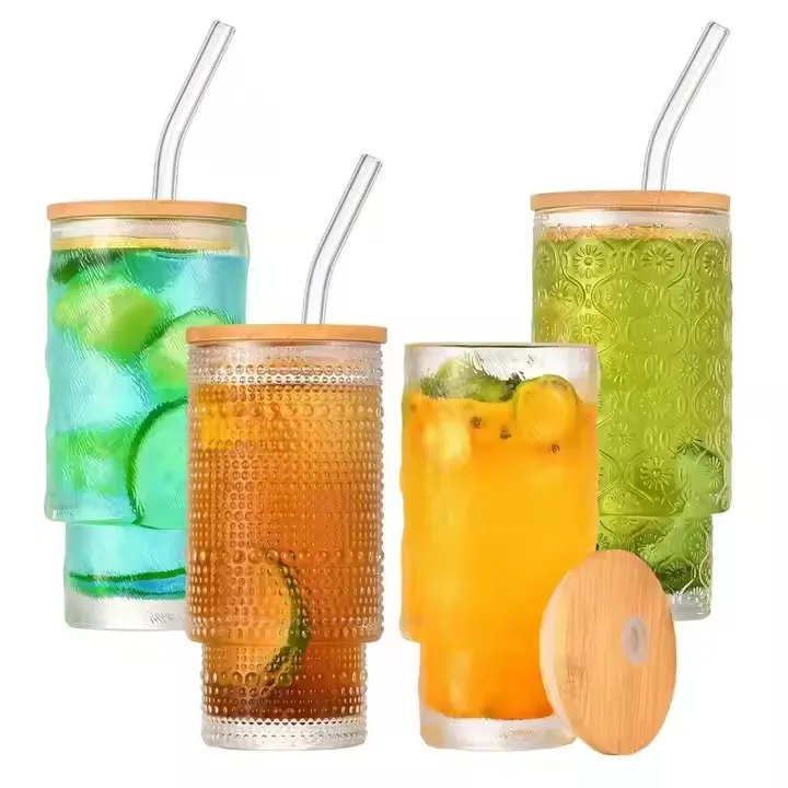 Hot Selling Transparent Glass Cup with Bamboo Lid and Glass Straw 340ml ...