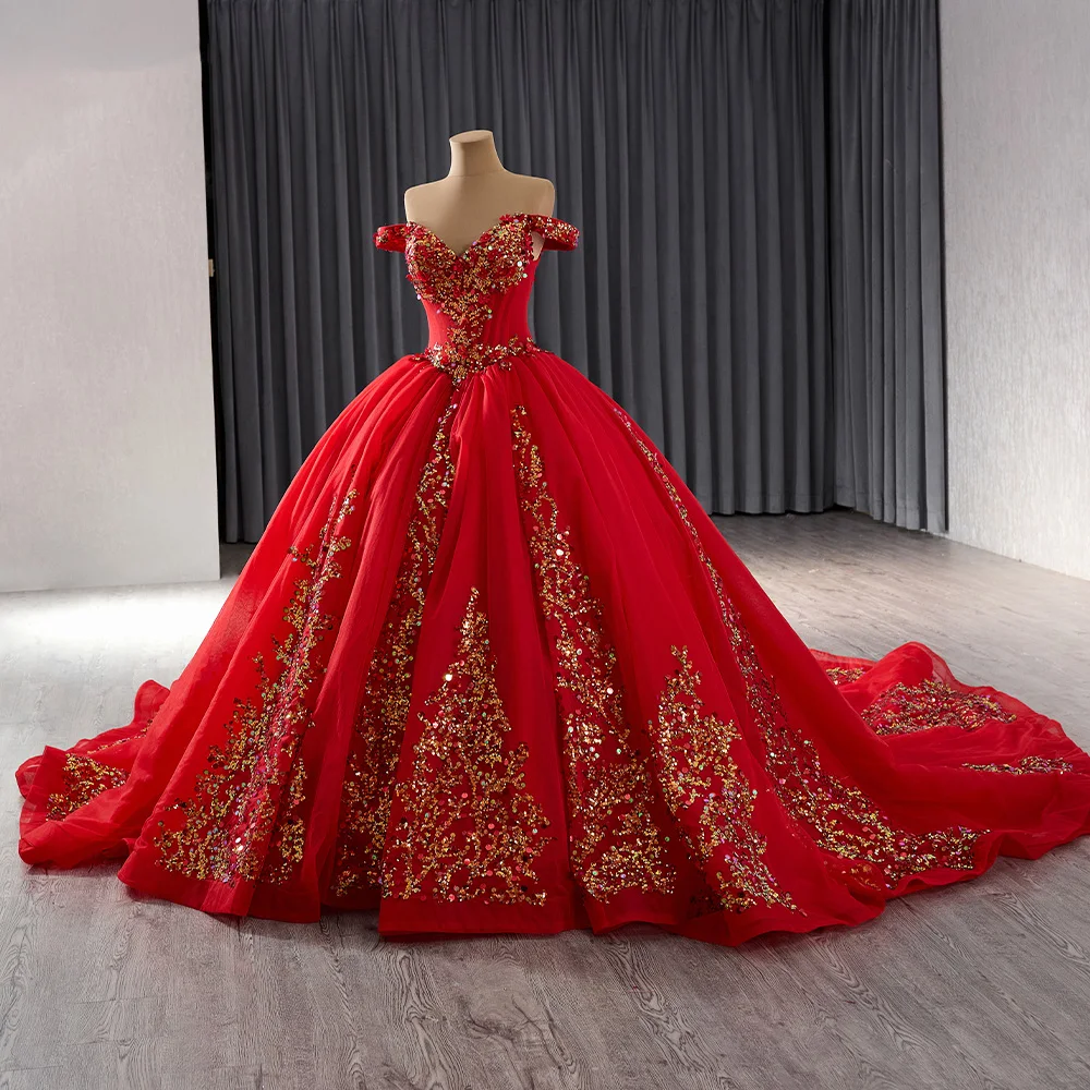 sweet 16 dresses red and gold Princess Ball Gown Quinceanera with Appliques slip ons