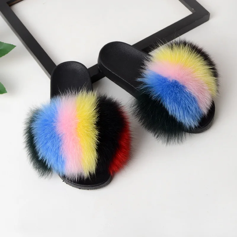 
Wholesale Home outdoor and indoor stock soft fluffy real fox fur slippers women 