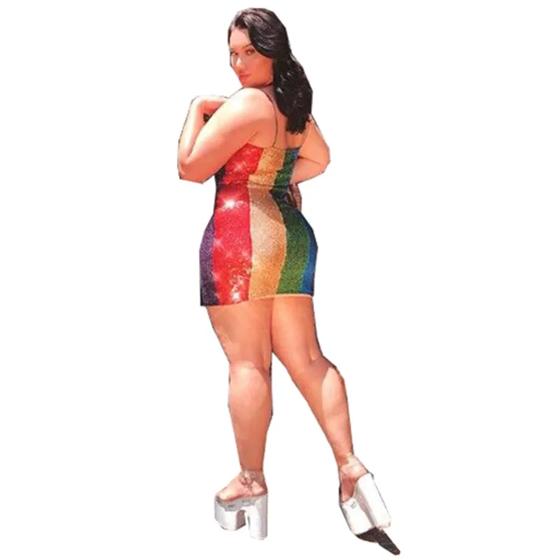 Plus Size Clothing Women Spaghetti Strap Sequin Reflective Dress Multi Color Stripe Dress