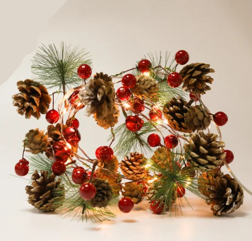 2m 20led 3AA battery copper wire pinecone +red cherry + bell silvery string light for Holiday wedding christmas lighting