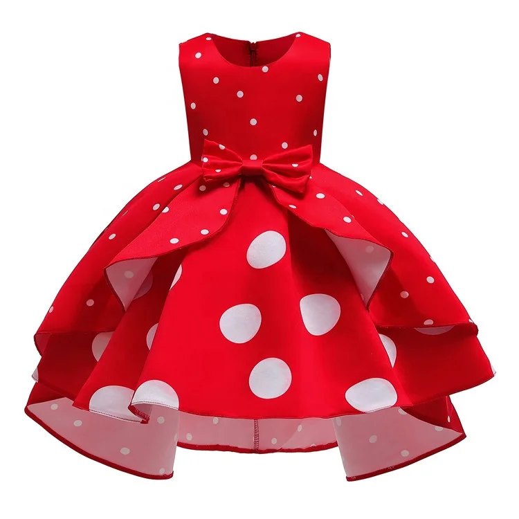 Little Girls Polka Bot Party Dresses In Red Color With Bow For28year Kids Princess Formal Dress