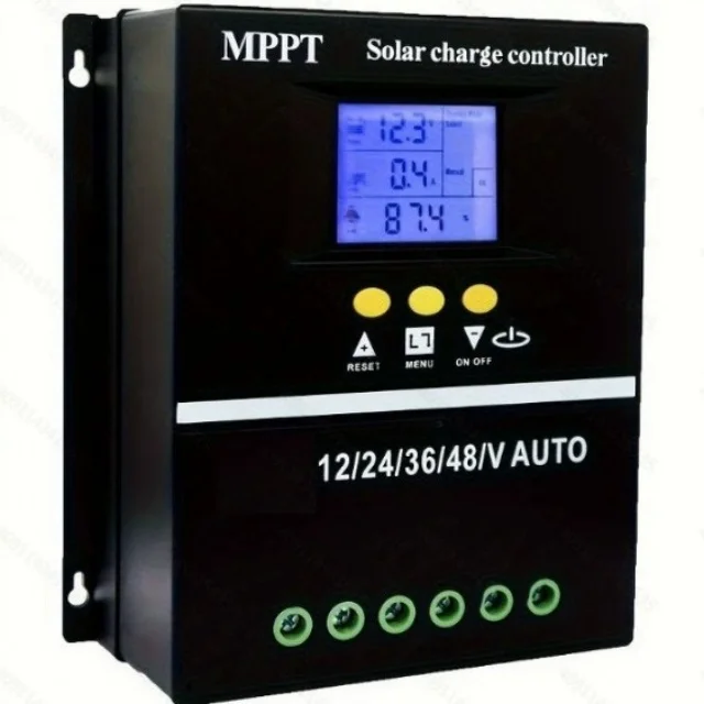 LiFePO4 12V battery bank with visible terminals, BMS indicator lights, and thermal sensor