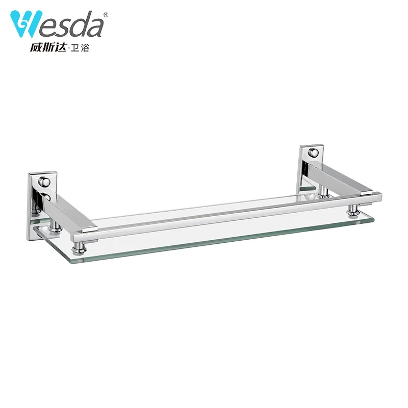 Wesda Stainless Steel Bathroom Glass Shelf Glass Rectangular 1 Tier Silver Wall Mounted C005