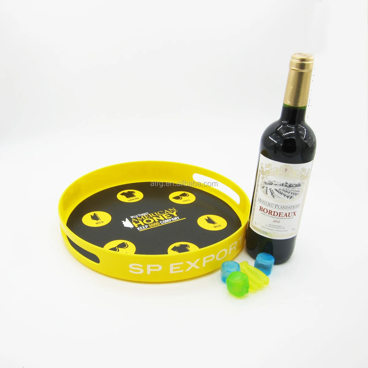 Plastic round shape serving tray with anti-slip layer barware serving tray