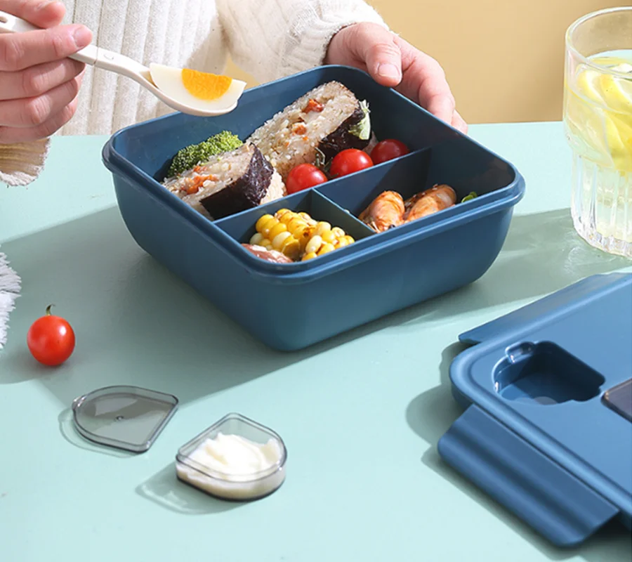 1100ml Square 3 Compartments Plastic Bento Lunch Box With Spoon And ...