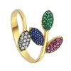 2019 New Fashion Simple Gold Plated Solid 925 Sterling Silver CZ Diamond Setting High Polishing Colorful Leaf Shaped Open Ring