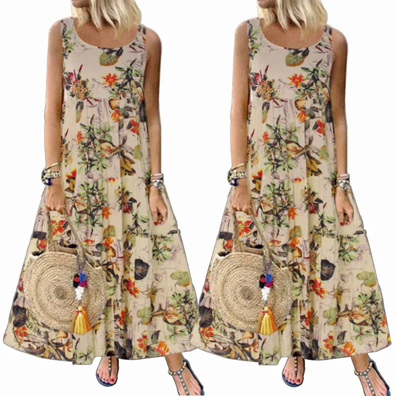 New Summer loose plus size vintage floral print sleeveless maxi dress for women