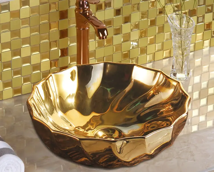 Good Sale Art Sink Countertop Ceramic Sanitary Ware Gold Hand Wash Basin