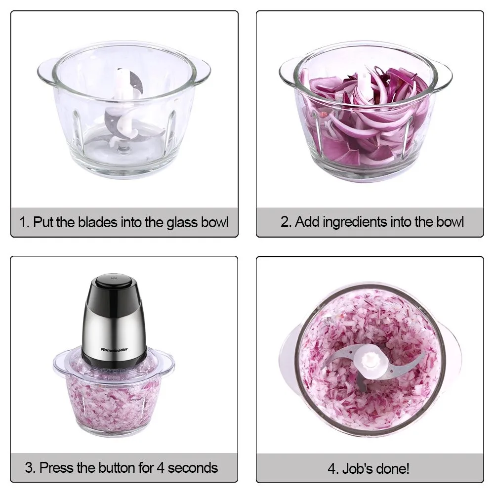 300W Electric Food Chopper 2L (8-Cup) Glass Bowl and 4 Sharp