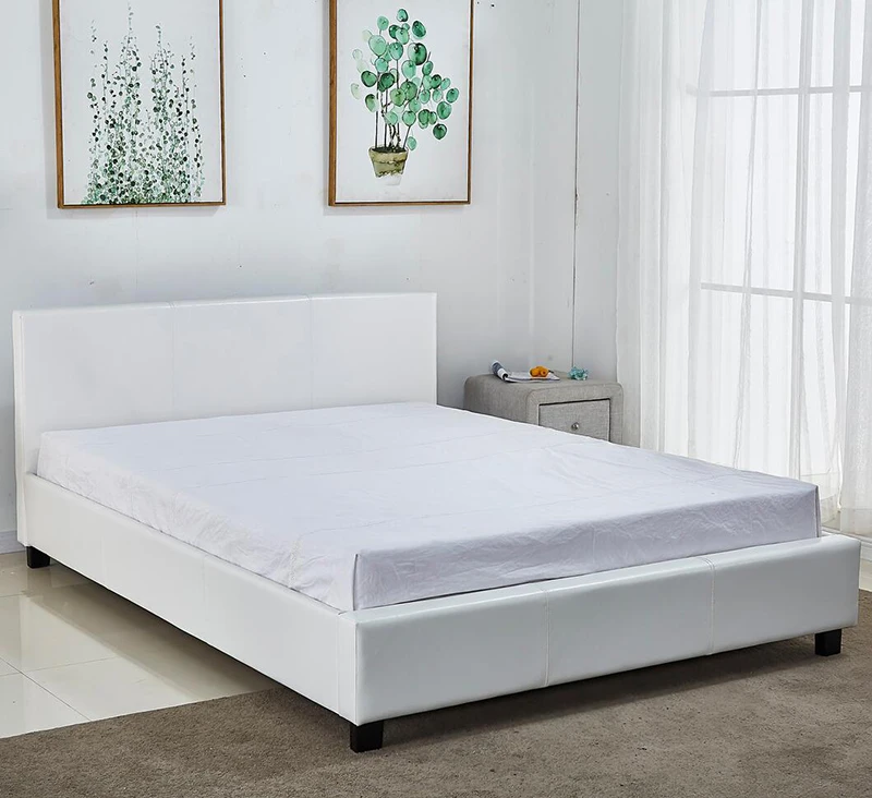 Double Size Modern Upholstered Faux White Leather Beds,Platform Bed