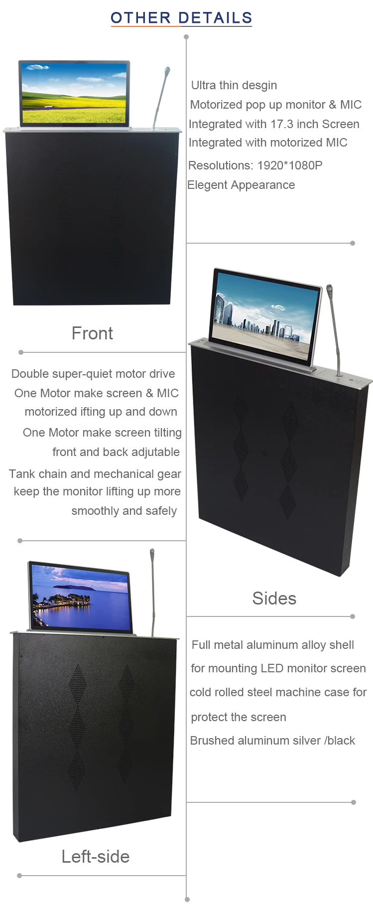 Boente ultra-thin lcd monitor motorized lift with microphone lifting function