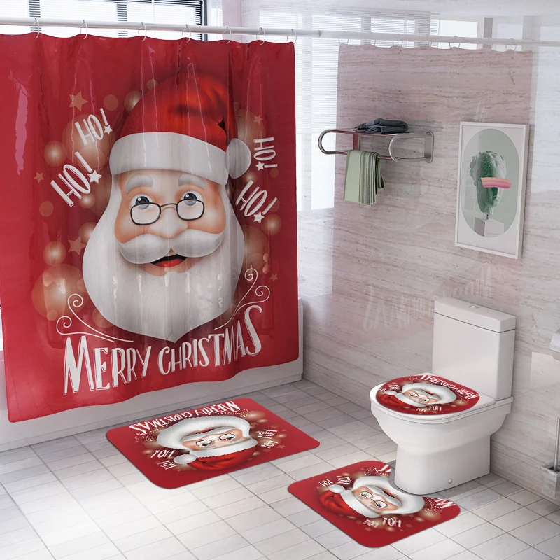 Santa Claus Shower Curtain Lid Toilet Cover Bath Mat Rug with Hooks Bathroom Accessory Sets