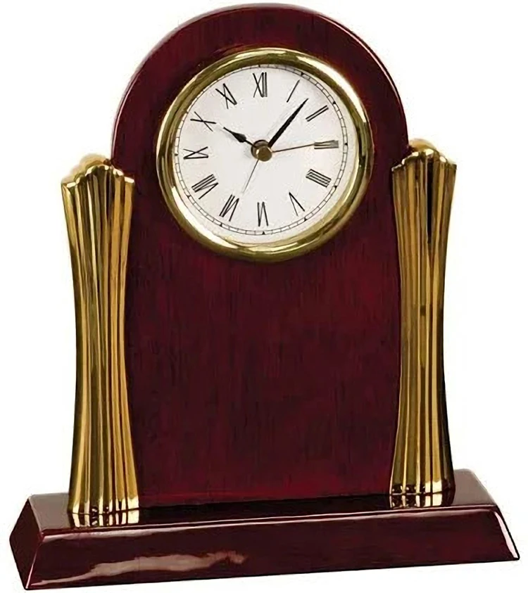 Gold Metal Columns Rosewood Antique Retro Table Clock