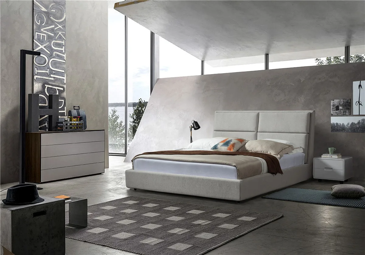 Custom modern design grey velvet soft wooden furniture queen fabric bed