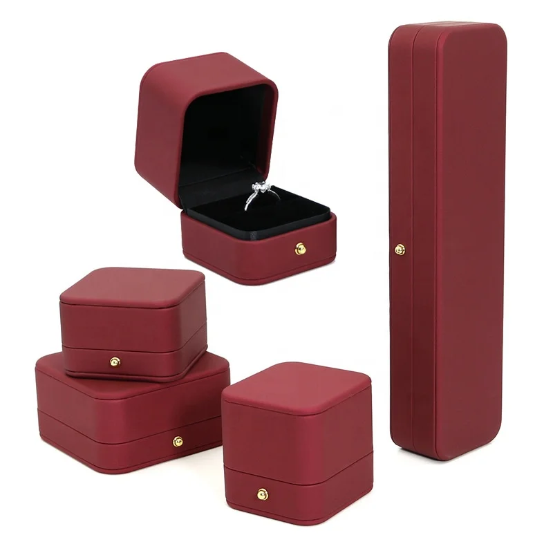 Wholesale new fashion design round corner red pu leather jewelry set box.jpg
