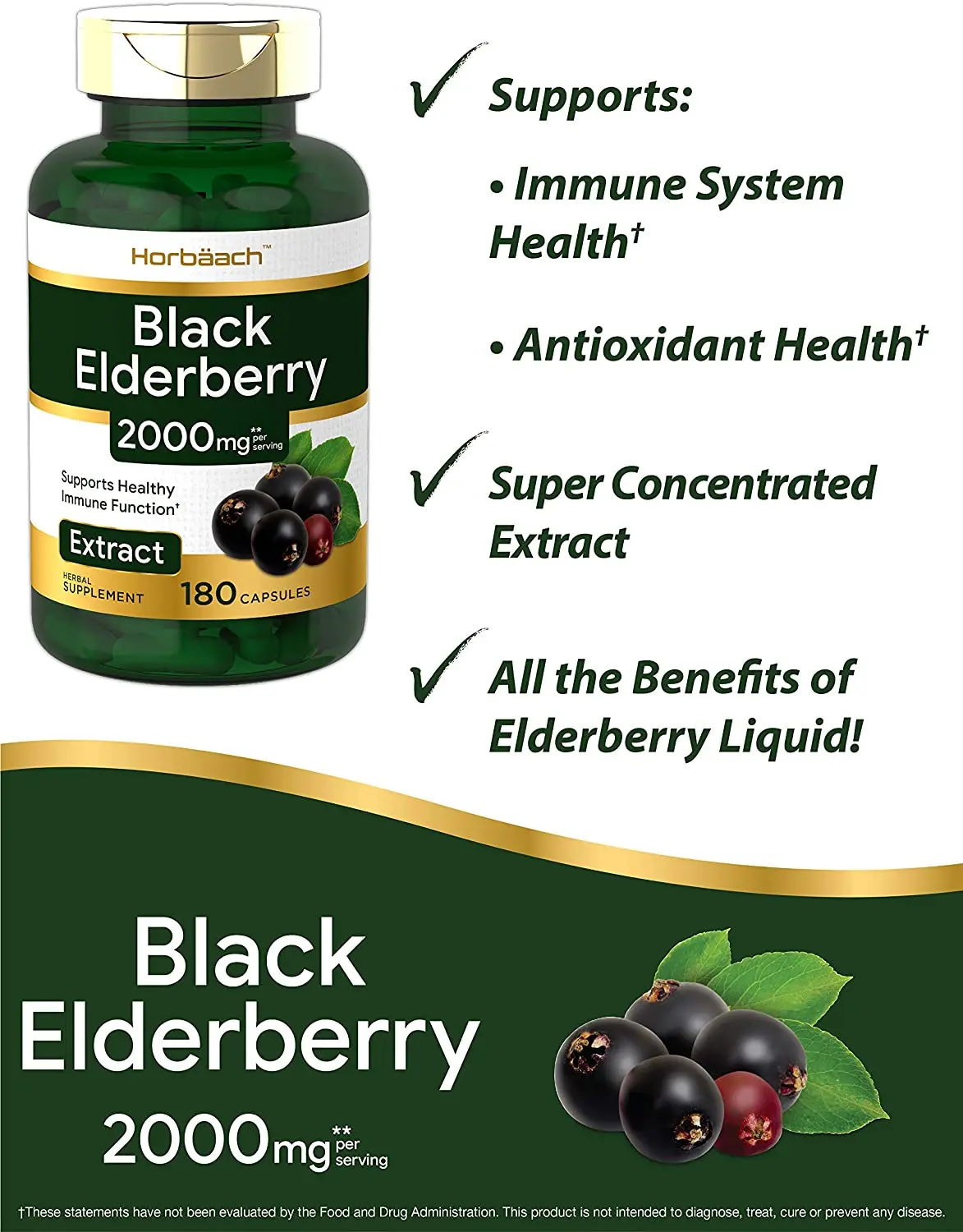 Sambucus Extract Supplement Black Elderberry Capsules 2000mg Immune Support Non-GMO Gluten Free
