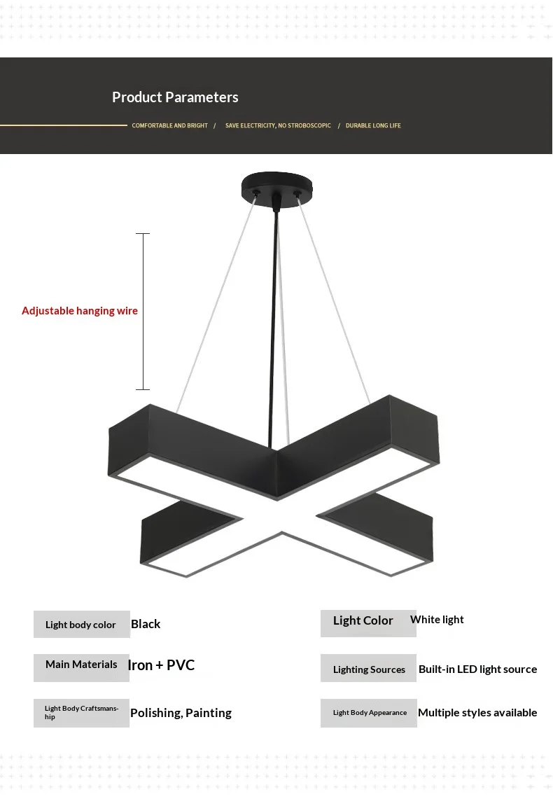 product creative shaped iron pmma hexagonal pendant light 6000k color temperature for office gym internet cafe mall industrial lighting-23