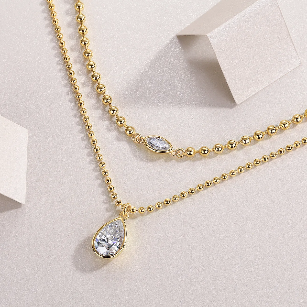 925 Sterling Silver Vintage Trendy Moissanite Diamond Necklace Stacked Gold Beads Clavicle Chain Non-Fading Party Wedding Gift