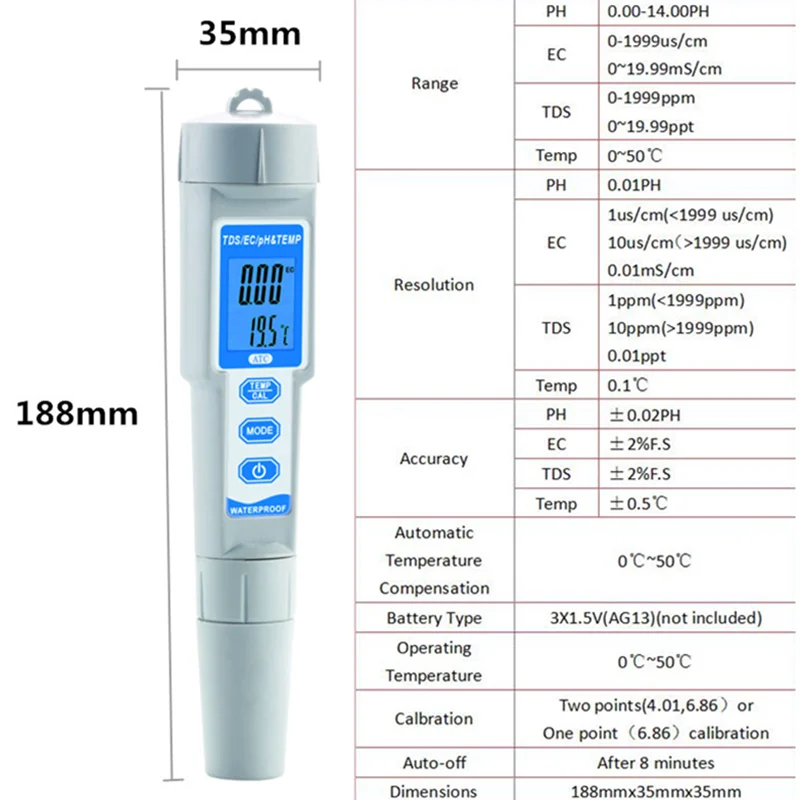 4 in 1Water Quality Tester Digital TDS/PH/EC/Temperature Meter Waterproof PH-3508 With Backlight  For Pools Drinking Water