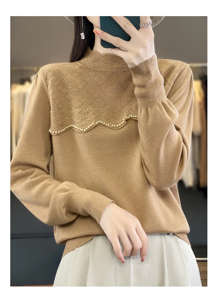 Winter New Vintage Half-Turtleneck Lace Base Shirt Women Fashion Pullover Sweater Anti-Pilling Korean Style Knitted Top