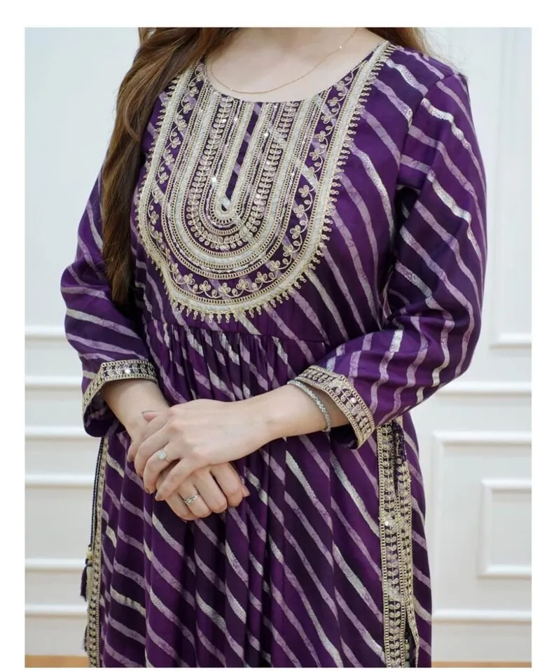 Purple Indian Long Flared Naira Cut Kurti For Women Ready Made Indian Casual Wear Dresses Fully