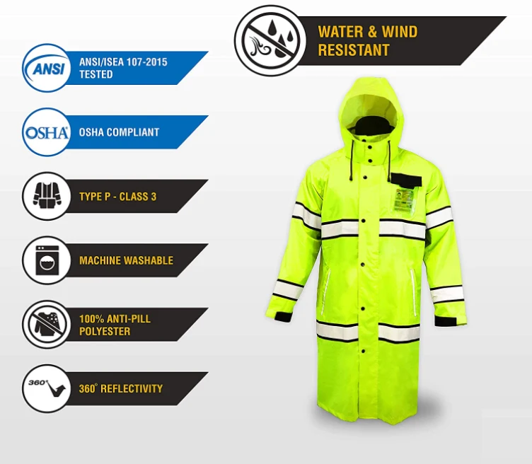 High Visibility Class 3 Safety Trench Coat Waterproof Windproof Safety Rain Jacket 360 Hi Vis