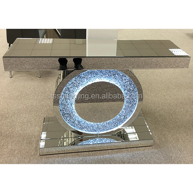 Sparkle Crushed Diamond Crystal Round Led Console Table Mirrored