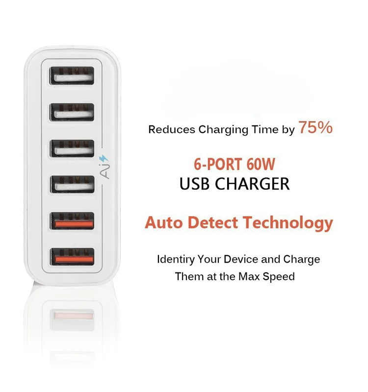 Hot model 5V 12A 60W multi port charger 6 USB mobile phone charging station for smart phone and tablet