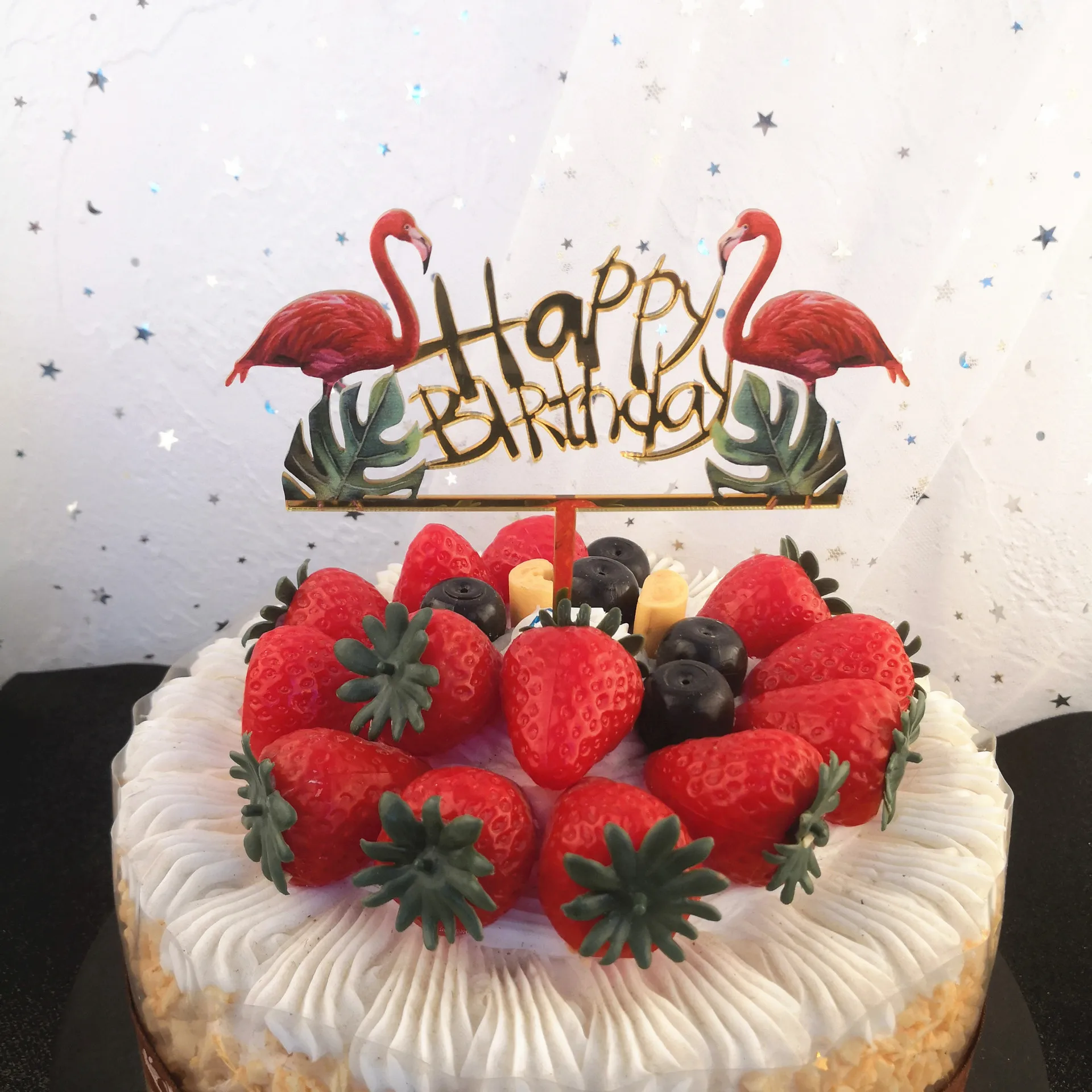 彩色印花火烈鸟生日快乐丙烯酸蛋糕带来蛋糕派对火烈鸟装饰torta de