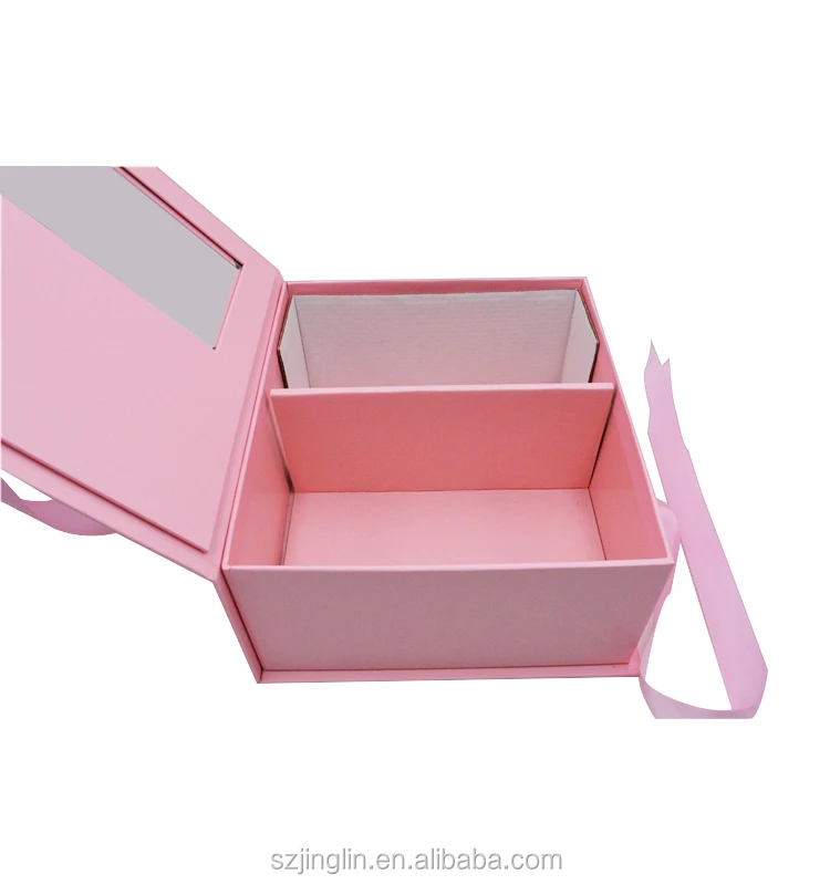 Pink Gold Hot Stamping Logo Rigid Paper Box with Clear PVC Window Ribbon Closure for Wig Hair Extension Packing